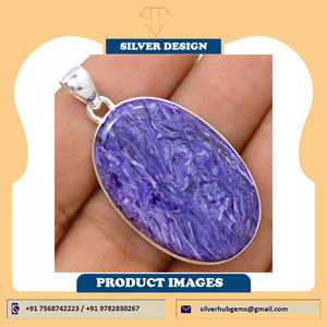 Colgante de Plata de Ley Hecho a Mano con Piedra Preciosa de Charoita Natural, Colgante de Plata con Charoita de Siberia - Product Image 2