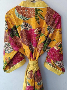 Hecho a mano estilo Kantha indio acolchado Algodón puro bata de mujer cómoda ropa de noche térmica cordón estampado de frutas verano - Product Image 2