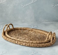 Plateau de service ovale en jute écologique de haute qualité avec poignées en bambou, lot de 2 plateaux pour la maison, l'hôtel, le restaurant, le salon