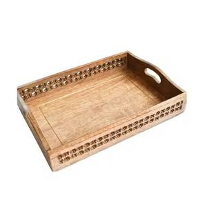 Handicrafts <b>Wooden</b> <b>Serving</b> <b>Tray</b> With Handle Breakfast Lunch Dinner Serve Decorative <b>Trays</b> Large Rectangular Shape - Product Image 2