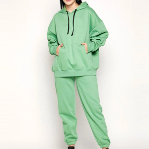 Chándal Verde con Capucha para Mujer, de Color Sólido, de Algodón, Informal, para Otoño, Corte Holgado, con Bolsillos Laterales y Cierre con Cordón - Product Image 1
