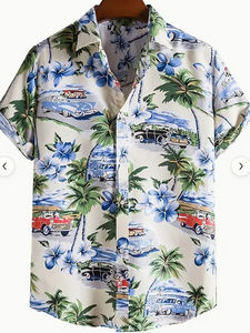 100% algodón, camiseta para hombre, ajuste holgado, camisa hawaiana informal estampada para hombre con estampado de árbol de coco, Manga corta antiarrugas - Product Image 4