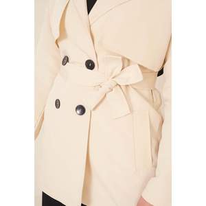 Gabardina corta de doble botonadura para mujer, gabardina de algodón con estampado de piel de oveja de punto de lana Beige para primavera invierno otoño - Product Image 3