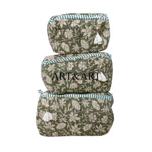 Juego de 3 Bolsas de Maquillaje de Algodón con Estampado Floral Bohemio, con Borlas y Cierre Ecológico, para Organización de Cosméticos y Viajes - Product Image 1