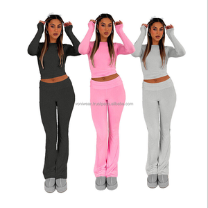 Conjunto de ropa informal de diseño personalizado para mujer, pantalones acampanados plegados y parte inferior activa superior holgada de manga larga con logotipo de marca - Product Image 2
