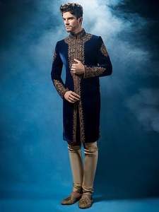 Elégant Sherwani bleu marine brodé de perles de verre cristal Stone Dabka Work 2024 Collection Golden Pant Dress Plus Size - Product Image 2