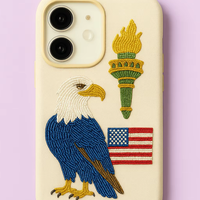 Coque de téléphone portable chic artisanale avec broderie perlée, motif drapeau américain Aigle Torche, design patriotique personnalisé, tailles personnalisées, compatible Apple iPhone