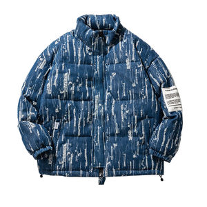 Vente en gros de veste denim d'hiver à logo personnalisé bouffant de jean bleu à la mode pour hommes et femmes fermeture à glissière brodée - Product Image 3