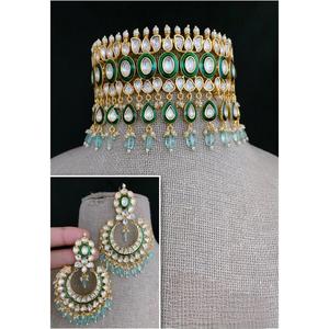 ชุดสร้อยคอ Kundan ลายจุดสีเขียวหรูหราแบบคลาสสิกสร้อยคอทองเหลืองชุบทองสำหรับเจ้าสาวสำหรับงานแต่งงานงานปาร์ตี้ของขวัญชาติพันธุ์ - Product Image 1