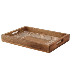Plateau de service en bois de manguier artisanal avec poignées, style vintage, plat unique sculpté à la main avec incrustations blanches pour la décoration de la maison - Product Image 6