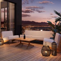 Conjunto de Muebles de Jardín con Diseño Moderno de Mediados de Siglo, Madera de Teca Sólida Resistente a la Intemperie, Madera Natural y Blanca, Capacidad para 6 Personas