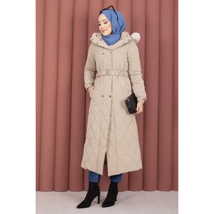 Abrigo de lujo con capucha de piel de visón Nova y cinturón, parka estampada, ropa exterior de lana y seda tejida - Product Image 5