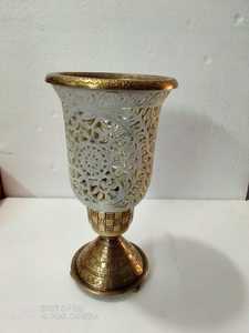 Hand Carved Marble Stone <b>Tea</b> <b>Light</b> <b>Candle</b> <b>Holder</b> Brass Metal Handle Stand Indoor Table Decoration - Product Image 5