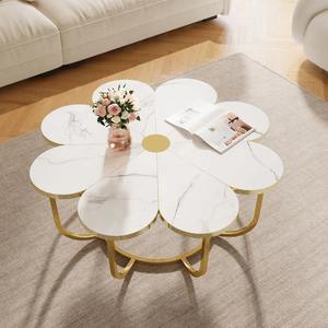 Mesa de Centro Moderna Ecológica Blanca y Dorada con Tablero de Mármol en Forma de Flor y Estructura de Hierro, Muebles para Sala de Estar - Product Image 5