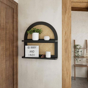 Wood Boho Rattan <b>Wall</b> <b>Shelf</b>, 2 Tier Arched Wicker Floating <b>Shelf</b> Black Wood New Boho <b>Shelf</b>, Neutral Handcrafted, Nhat Minh - Product Image 6