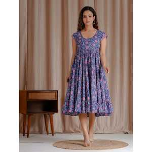 Vestido Azul de Algodón Mulmul con Estampado a Mano, Estilo Casual, Elegante, Gótico, para Oficina, Tallas XS-5XL, Transpirable y Moderno para Club, ODM - Product Image 3