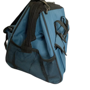 Sac à outils multi-poches à large ouverture en cuir, nylon et polyester, avec bandoulière réglable. - Product Image 4