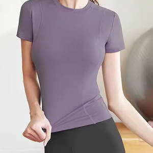 Camiseta de manga corta de verano de alta calidad para correr, camisetas de Yoga con cuello redondo verde personalizadas, ropa deportiva, camisetas de senderismo para mujer - Product Image 6