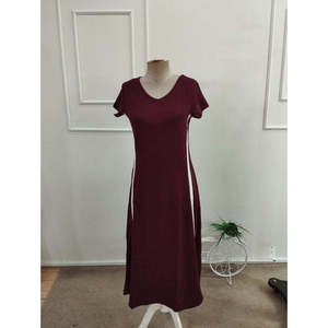 Women's Short-Sleeved V-Neck Midi <b>Dress</b> with Side Stripe Detail, <b>Viscose</b> Two-Thread, 37561 - Burgundy - Product Image 5