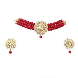 Ethnic Style Bridal <b>Kundan</b> <b>Jewelry</b> Alloy Beaded Necklace Earrings Maang Tikka Set Designed for Wedding and Party Functions - Product Image 3