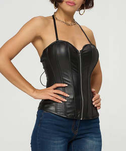 Corsés de cuero PU para mujer, corsé para mujer en piel sintética con cremallera, cierre frontal, corsé deshuesado, Top con encaje trasero ajustable - Product Image 5