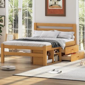 Lit plateforme en bois massif de style traditionnel avec étagères de rangement amovibles et tiroirs intégrés Style naturel pratique - Product Image 3