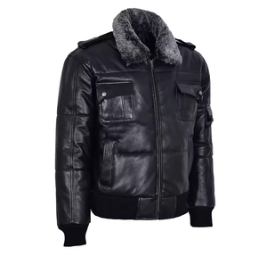 Personalizar los hombres de cuero Puffer chaqueta bomber chaqueta de cuero estilo en piel de oveja real Negro puffer chaqueta de cuero - Product Image 2