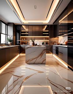Conception de cuisine moderne de luxe avec plancher en marbre, éclairage d'ambiance et style d'intérieur contemporain haut de gamme - Product Image 4
