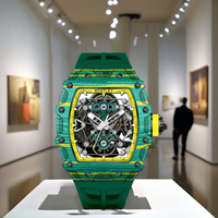 Montre mécanique automatique de luxe en fibre de carbone de haute qualité, entièrement verte, en silicone, avec verre saphir, analogique, double squelette