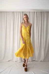 Recién llegado amarillo 100% algodón estampado Midi longitud Maxi vestido sin mangas playa vestido bohemio para mujer - Product Image 3
