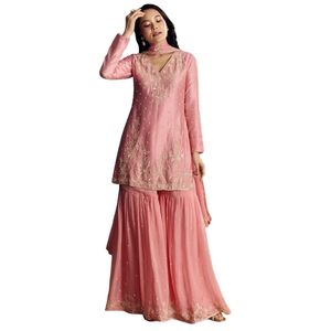 Traje Chanderi Sharara rosa pastel con corte Dana y trabajo de lentejuelas para mujer traje de fiesta de boda indio tradicional - Product Image 1