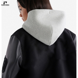 Chaquetas universitarias Letterman con mangas de cuero bordadas personalizadas de alta calidad, chaqueta de tela con capucha negra - Product Image 6