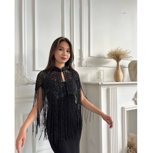 Robe poncho en satin exquise, antistatique, respirante, fabriquée à la main, élégante, avec des perles de cristal, des fleurs en dentelle, un motif de perles, écologique, pour bal de promo - Product Image 6