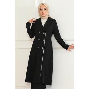 Conjunto de Dos Piezas Casual Negro MSW19219-1 con Cierre de Cremallera y Detalle de Botones, Top Largo Talla XXS y Pantalones Cortos a la Altura de la Rodilla - Product Image 2