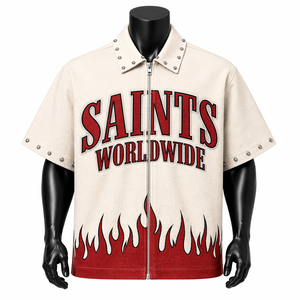 Custom Men’s Oversized Zipper <b>Shirt</b> Short Sleeve Boxy Fit Streetwear Studded Collar <b>Flame</b> Graphic <b>Shirt</b> OEM Wholesale - Product Image 1