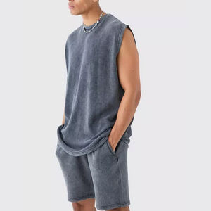 Custom <b>Men's</b> Acid Washed Raw Hem Tank <b>Top</b> <b>and</b> <b>Shorts</b> <b>Set</b> With Premium Quality of Cotton Fabric Blank <b>Shorts</b> <b>Sets</b> for <b>Men's</b> - Product Image 2