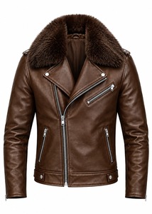 Blouson de motard en cuir noir pour homme, col en fausse fourrure, coupe ajustée, veste de moto d'hiver, fermeture éclair, manches amovibles - Product Image 5