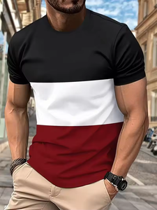 Camiseta de manga corta y cuello redondo con patrón de rayas de contraste de color para hombre, camiseta informal elegante de verano para hombre - Product Image 4