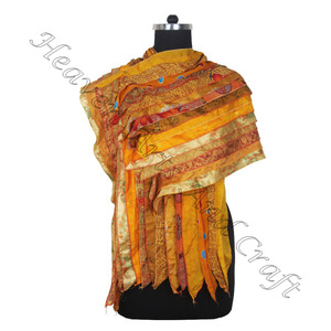 Sari en soie recyclée 15 bandes écharpes faites à la main de concepteur étole châles SC568 soie fine en gros recyclé Vintage Sari femme écharpe - Product Image 5