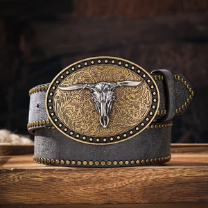 เข็มขัดหนังแบบมีหมุดพร้อมหัวเข็มขัดทรงหัวกระทิง สไตล์เรโทรพังก์ สำหรับหนุ่มๆ แนวเดนิม แรงบันดาลใจจากเข็มขัดคาวบอย ทำจากหนัง - Product Image 3