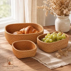 Set Of 3 Rattan <b>Basket</b> <b>Tray</b> - Round Top Square Handmade Storage <b>Baskets</b> Natural Rattan Modern Multifunction Made in Viet Nam - Product Image 2