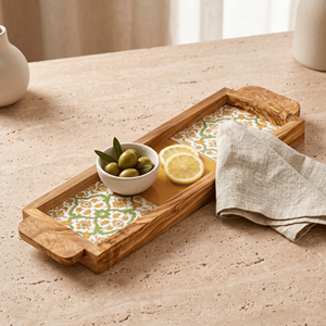 Plateau de service carré esthétique - Plateau ottoman personnalisé en bois d'olivier et céramique pour la décoration moderne de table basse - Product Image 5