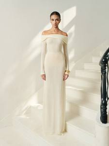 ชุดเดรสแขนยาวสำหรับผู้หญิง, ชุดเดรสยาวผ้าแจ็คการ์ดขนสัตว์ด้านหน้าบิดเป็นเกลียวผ้าแจ็คการ์ดสีขาวลายลูกไม้มดเวียดนาม - Product Image 5