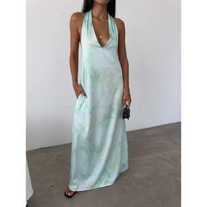 เดรสยาวผ้าซาตินลายพิมพ์ คอแบบผูก สายคล้องคอ ระบายอากาศได้ดี พร้อมดีไซน์เอวธรรมชาติ - Product Image 3