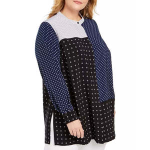 เสื้อทูนิคพิมพ์ลายผสมไซส์ใหญ่พิเศษสำหรับผู้หญิงของอัลฟานี เสื้อสายเดี่ยวสีดำประดับกระดุม ผ้าทอ - Product Image 3