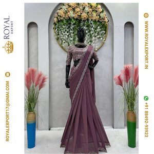 Collection de saris lavables au design moderne et ethnique, en faux georgette, avec broderies de fils et de sequins, pour occasions spéciales, pour un look élégant. - Product Image 2
