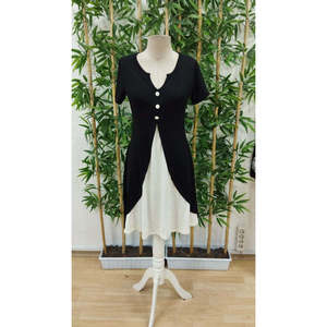 Women's Short-Sleeved V-Neck Button-Front Two-Tone <b>Viscose</b> <b>Dress</b>, 24899 - Black - Product Image 4