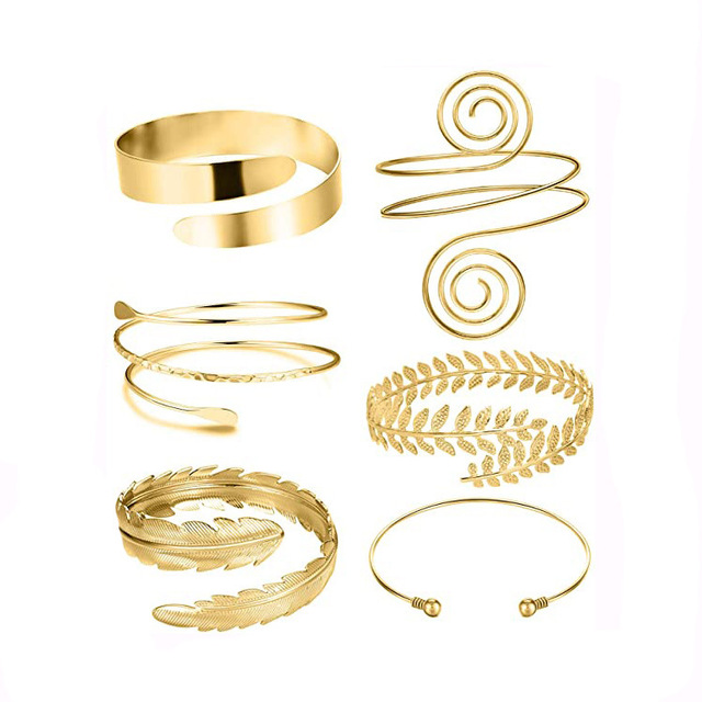 Simple Open Upper Filigree Arm Cuff Gold Plated Metal Coil Leaf Adjustable Armlet Boho Armband Arm Jewelry Bracelet