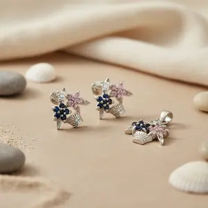 Ensemble de boucles d'oreilles et de pendentif en argent avec fleurs en pierres précieuses fines - Product Image 2