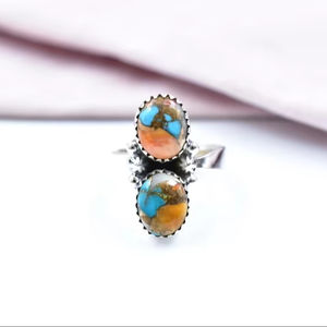 Anillo de declaración ajustable de plata esterlina turquesa de ostra espinosa hecho a mano para mujer - Product Image 1